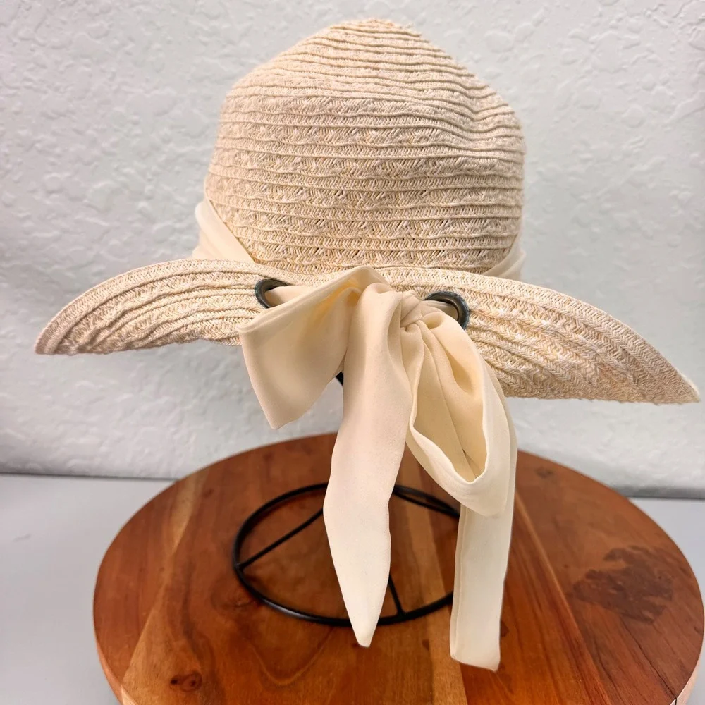 Nine West Womens Straw Sun Hat Cream Wide Brim Floppy Bow Accent RN 67508